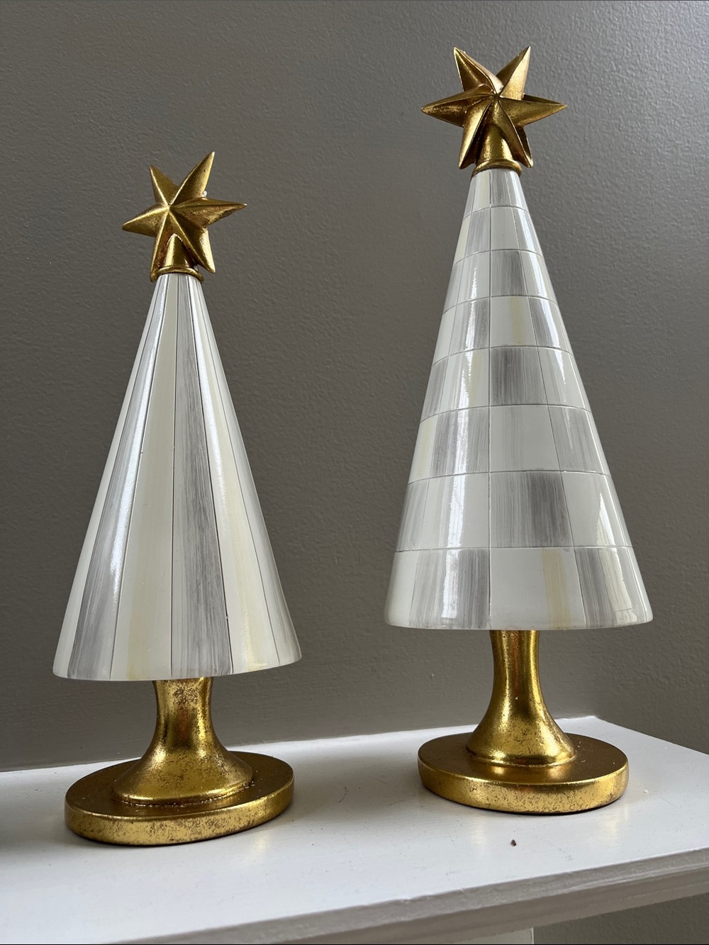 MacKenzie-Childs White, gray & Gold Tapered Holiday Tree Pair!  Beautiful set.